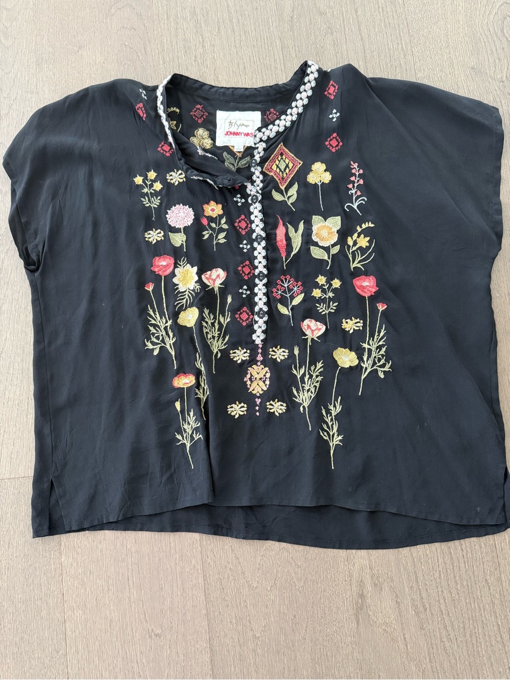 Vintage Biya by Johnny Was Black Floral Embroidered Silk Blouse